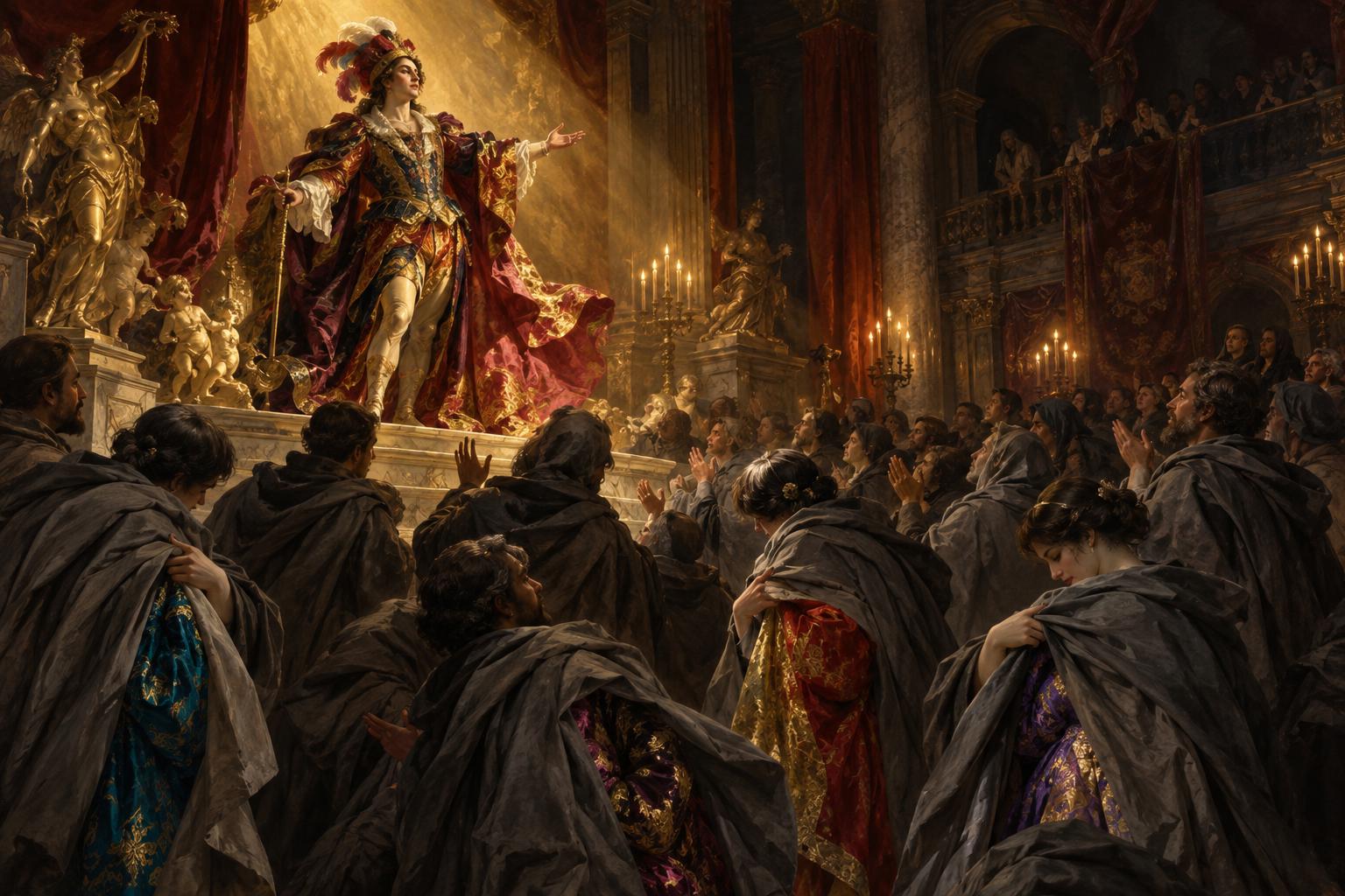A celebrated performer in vivid dress above admirers concealing colorful clothes beneath gray cloaks