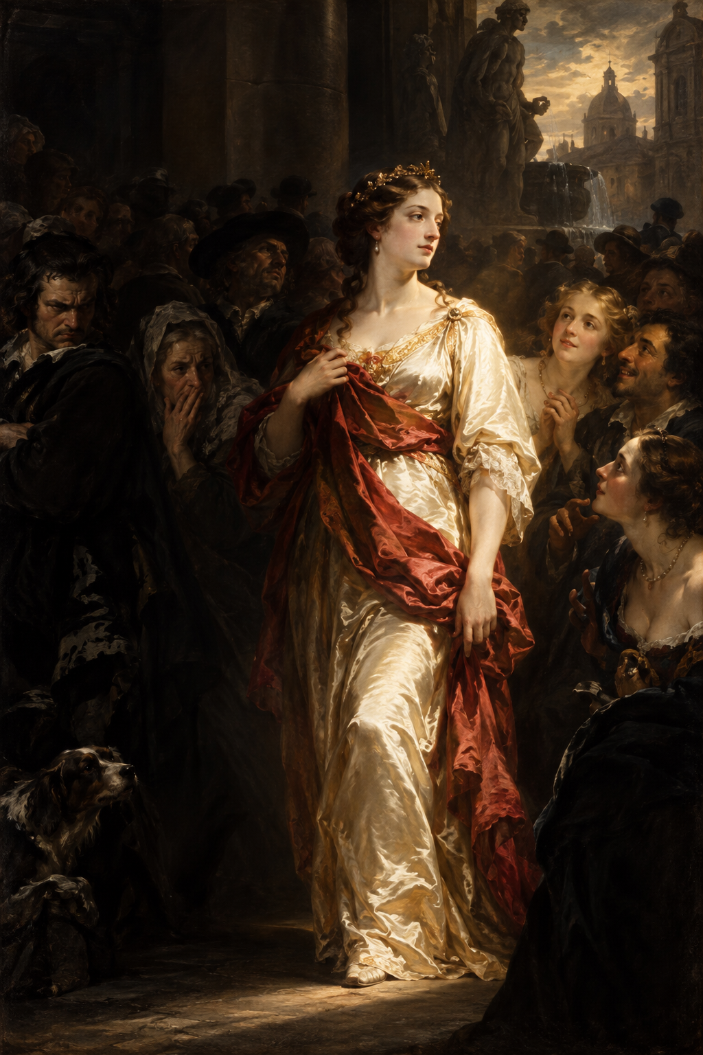 A brightly dressed figure receiving admiration and scorn after stepping out of the crowd