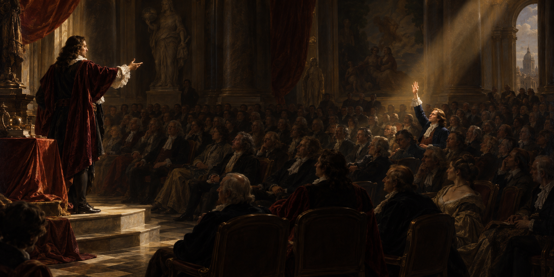 One person raising his hand in a large hall while the rest of the audience remains seated