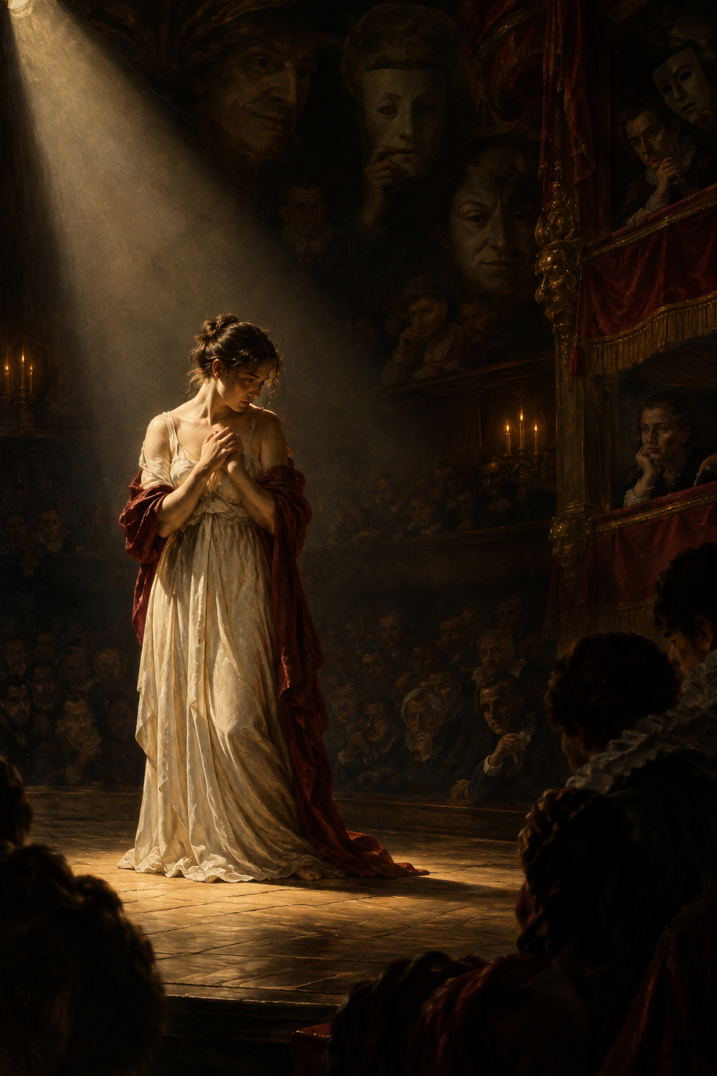 A lone figure exposed beneath a theatrical spotlight while an audience watches from the shadows